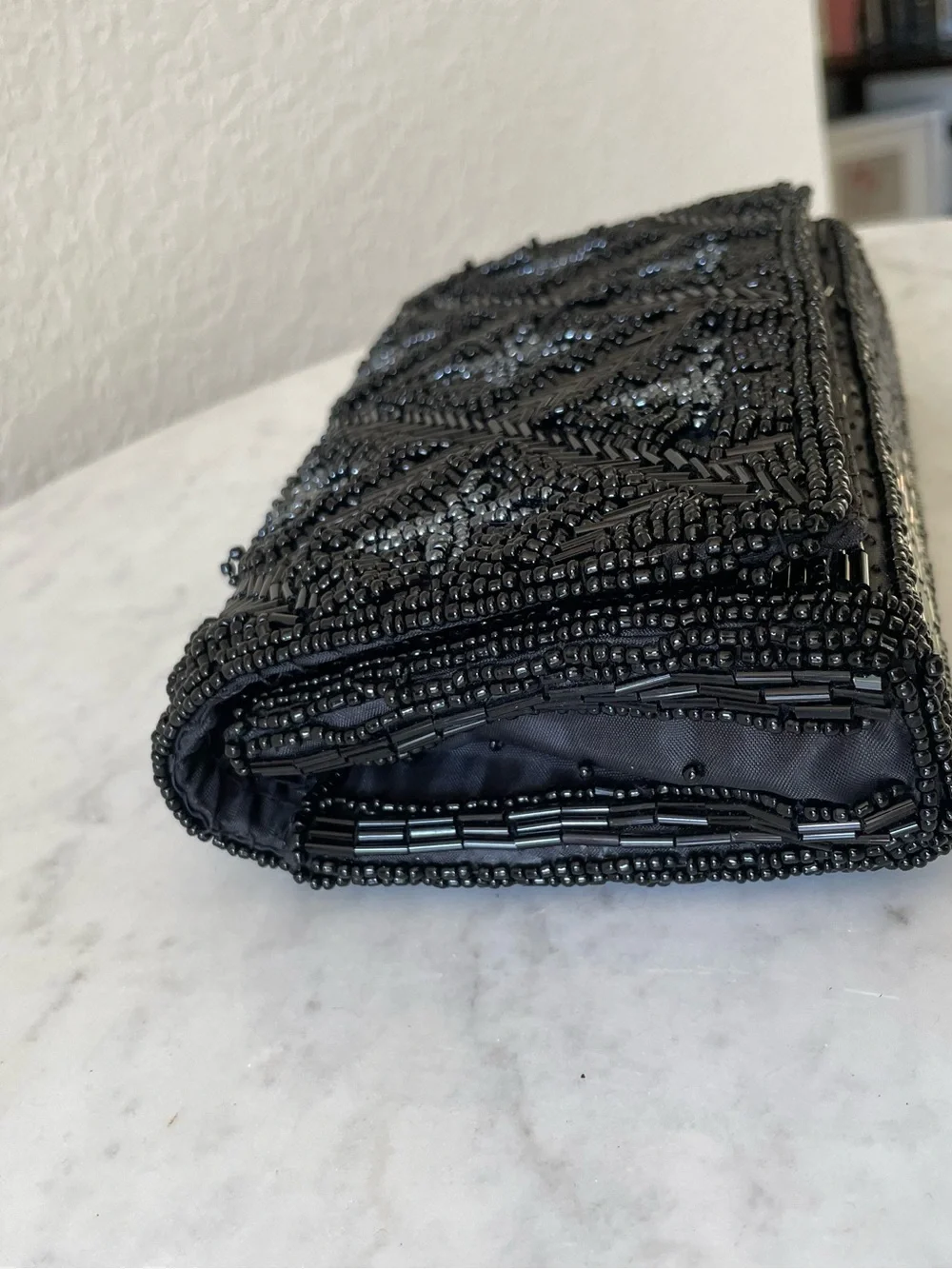 Vintage Black Hand Beaded Clutch Geometric Seed Bead Evening Bag